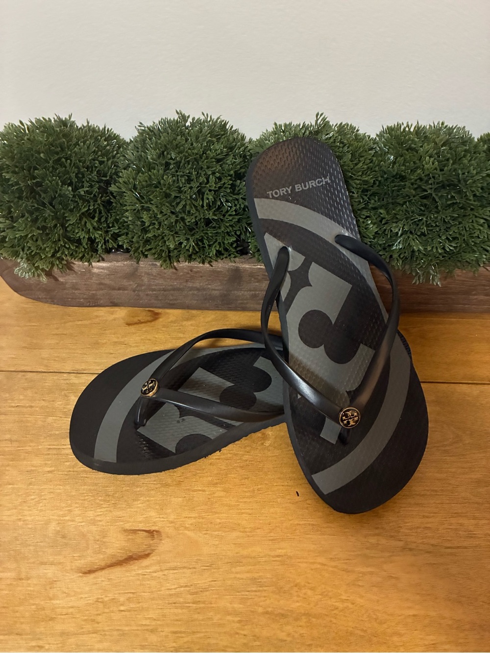 Tory Burch Black & Gray Logo Thong Sandals